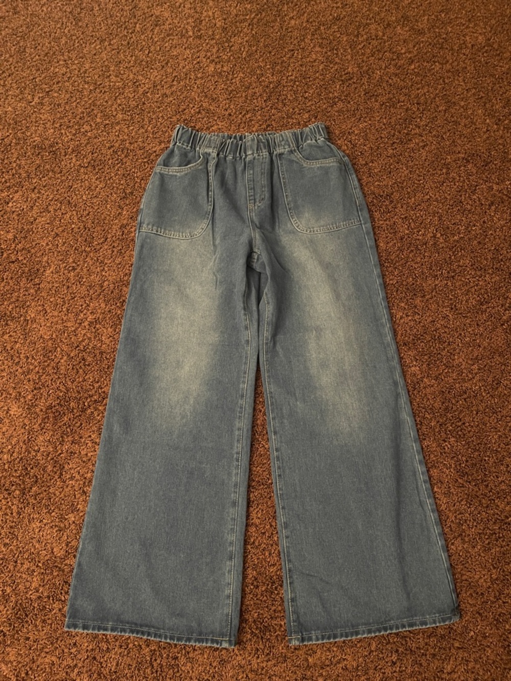 Wide Leg Elastic Waist Denim Jeans in Faded Blue